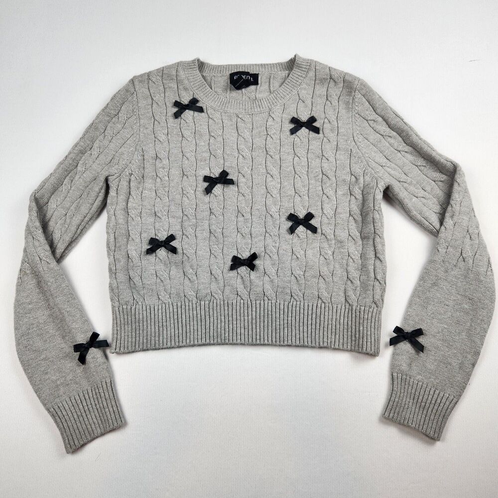 Arden B. Cropped Cable Knit Sweater Gray Womens S Black Satin Bows Y2K Vintage